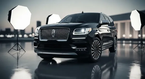 A black Lincoln Navigator SUV parked in a studio setting with professional lighting.