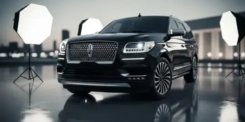 A black Lincoln Navigator SUV parked in a studio setting with professional lighting.