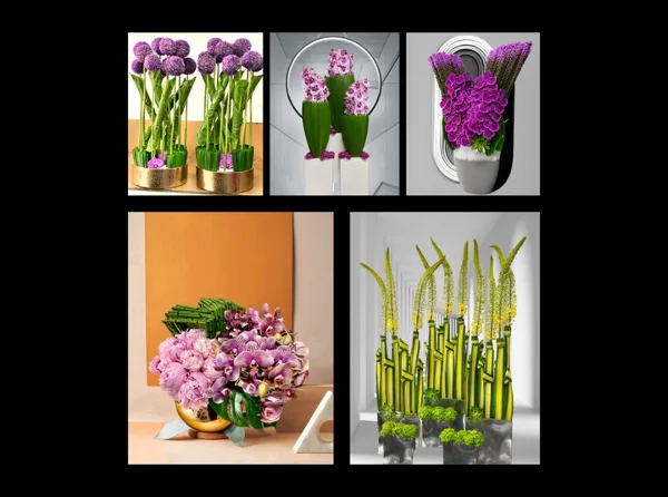 A collage of five different floral arrangements featuring orchids, roses, and greenery in various vases.