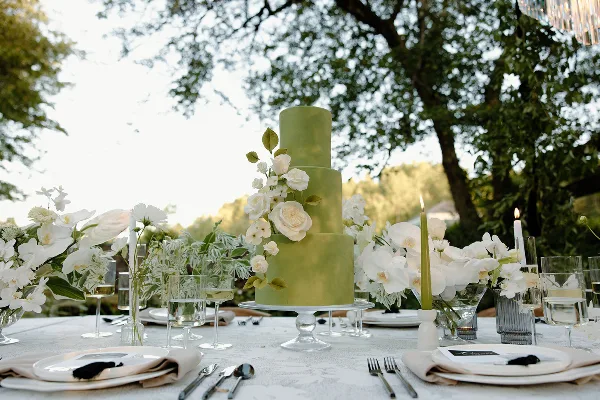 Green tiered wedding cake with white flowers at an outdoor table