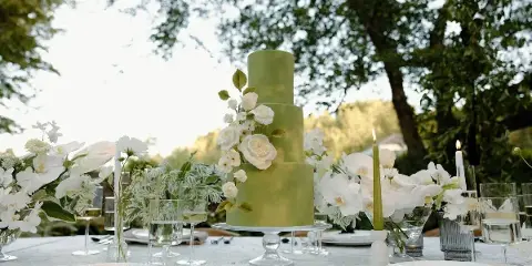 Green tiered wedding cake with white flowers at an outdoor table