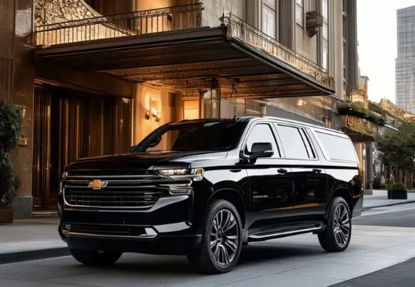 A black luxury SUV parked at the entrance of a hotel.