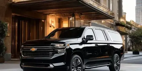 A black luxury SUV parked at the entrance of a hotel.