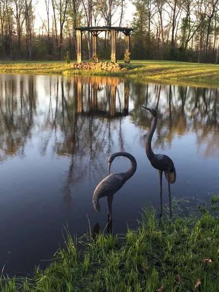 Outdoor wedding venue featuring a pond, wooden gazebo, and decorative bird sculptures.