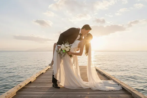 A bride and groom kissing on a wooden pier by the water during a sunset.