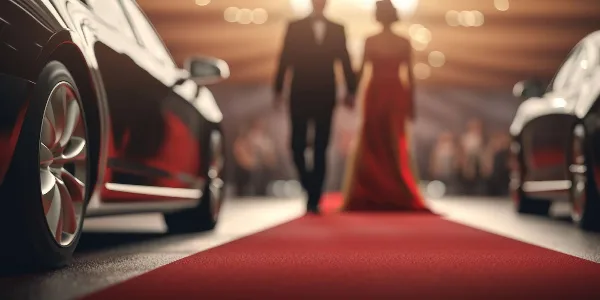A couple in formal wear walking on a red carpet between luxury cars.
