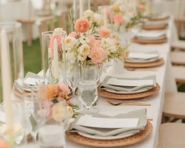 A close-up view of a long wedding reception table featuring a white tablecloth, woven rattan chargers, folded grey napkins, gold cutlery, and a floral centerpiece with pink and white blooms.