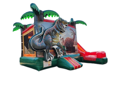 Inflatable dinosaur-themed bounce house with a slide and jungle graphics.