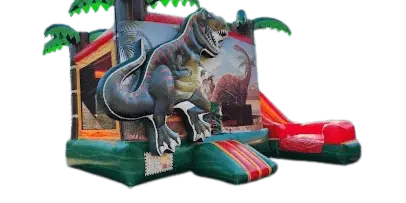 Inflatable dinosaur-themed bounce house with a slide and jungle graphics.