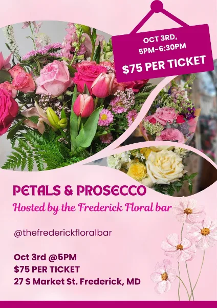 A promotional flyer featuring close-up photographs of pink and yellow floral bouquets and arrangements.