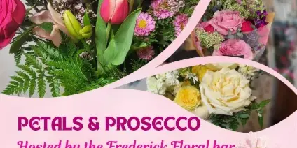 A promotional flyer featuring close-up photographs of pink and yellow floral bouquets and arrangements.