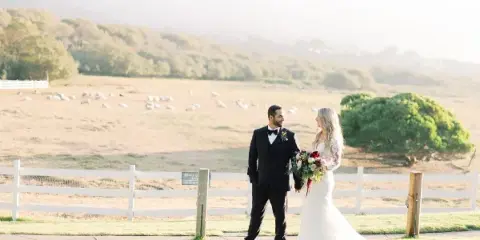 A bride and groom standing outdoors in a grassy field with a white fence and sheep in the background.