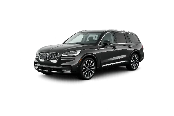 A dark grey Lincoln Aviator SUV parked on a reflective surface.