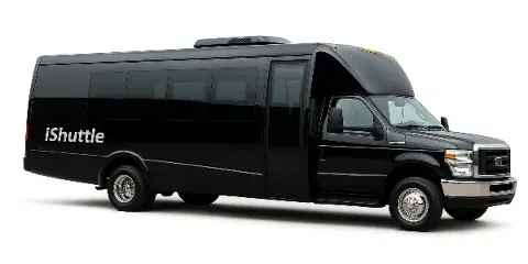A black iShuttle shuttle bus parked against a white background.