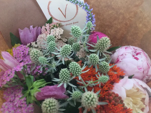 A colorful mixed bouquet of fresh flowers including peonies and echinacea, wrapped in brown paper with a Viavi Flower Farm card.