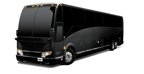A black motor coach bus shown in a side profile view.