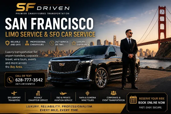 A professional chauffeur in a suit standing next to a black luxury SUV in front of the San Francisco skyline and Golden Gate Bridge.