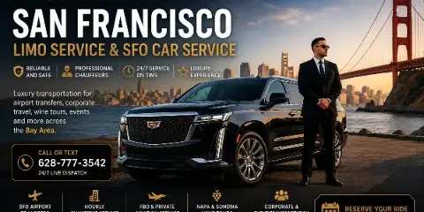 A professional chauffeur in a suit standing next to a black luxury SUV in front of the San Francisco skyline and Golden Gate Bridge.