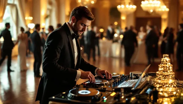 A professional DJ in a tuxedo mixing music on a console at a wedding reception.