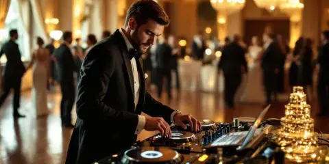 A professional DJ in a tuxedo mixing music on a console at a wedding reception.