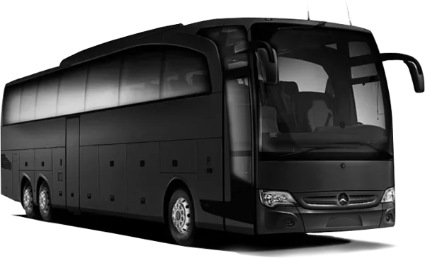 A black Mercedes-Benz motorcoach bus.