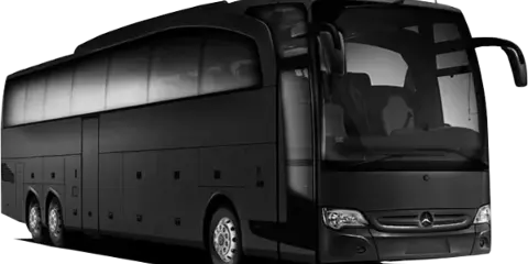 A black Mercedes-Benz motorcoach bus.