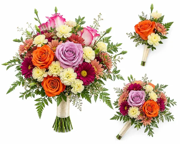 A wedding floral set featuring a large bouquet with orange roses, purple roses, and dahlias, accompanied by two matching boutonnieres.