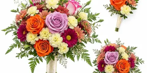 A wedding floral set featuring a large bouquet with orange roses, purple roses, and dahlias, accompanied by two matching boutonnieres.