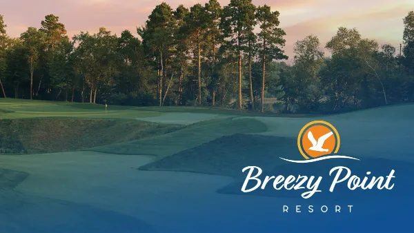 A view of the Breezy Point Resort golf course with a logo overlay.