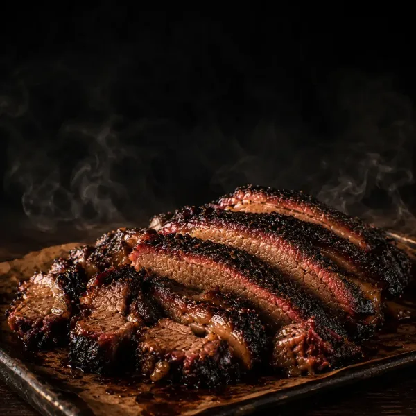 Sliced smoked brisket with a dark bark and visible smoke ring on a metal tray.