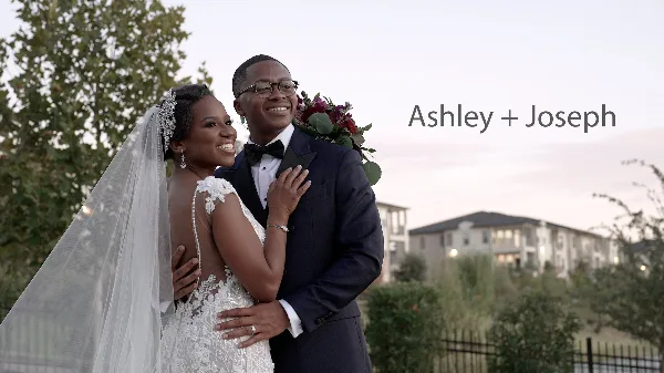A bride and groom embracing outdoors at a wedding, with the text 'Ashley + Joseph' overlaid on the right side.