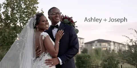 A bride and groom embracing outdoors at a wedding, with the text 'Ashley + Joseph' overlaid on the right side.