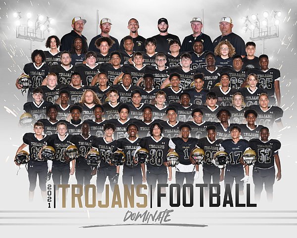 A professional group portrait of the 2021 Trojans Football team, featuring players and coaches in uniform.