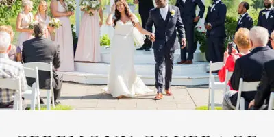 A wedding couple walking down the aisle during a ceremony at an outdoor gazebo venue.
