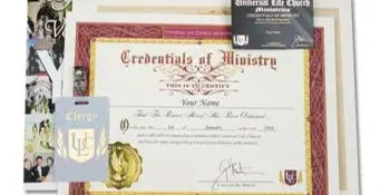 A collection of Universal Life Church ministry supplies including a Credentials of Ministry certificate, a clergy badge, and a parking placard.
