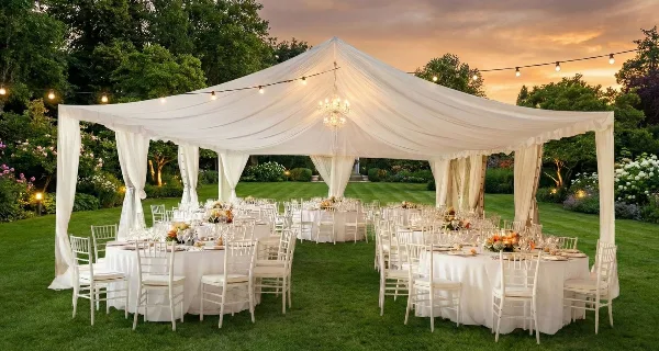 A large white wedding tent set up on a lawn with tables, chairs, and string lights at sunset.