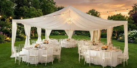 A large white wedding tent set up on a lawn with tables, chairs, and string lights at sunset.