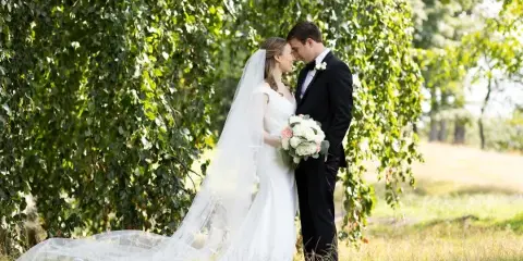 A bride and groom standing close together in a grassy field with a large leafy tree in the background.