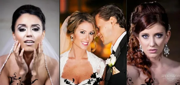 A collage of three bridal portraits featuring professional hair updos and makeup.