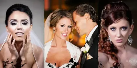 A collage of three bridal portraits featuring professional hair updos and makeup.
