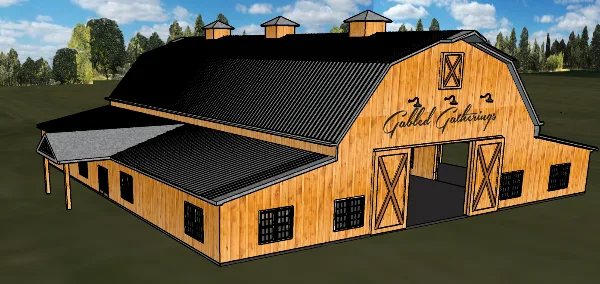 Exterior rendering of the Gabled Gatherings event center, a wooden barn-style building with a black roof.