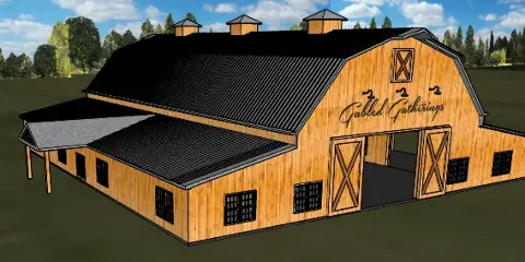 Exterior rendering of the Gabled Gatherings event center, a wooden barn-style building with a black roof.