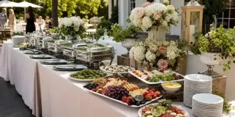 Outdoor wedding buffet table with chafing dishes, fruit and cheese platters, salads, and floral arrangements.