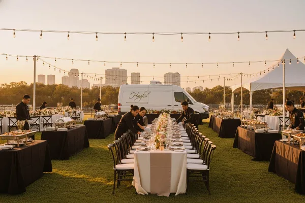 Outdoor catering event with staff setting tables, food stations, and a branded Hugh's van in the background.