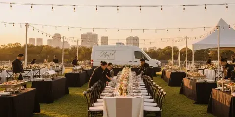 Outdoor catering event with staff setting tables, food stations, and a branded Hugh's van in the background.