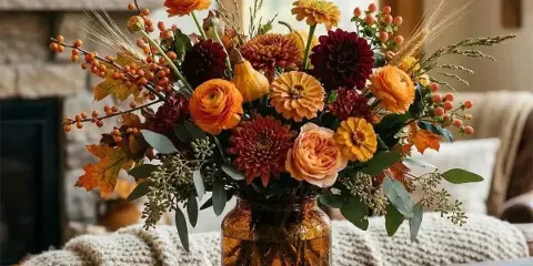 A rustic fall floral arrangement featuring orange and red flowers, berries, and wheat stems in an amber glass vase.