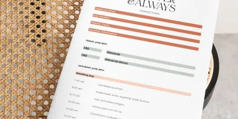 A branded wedding timeline document from Forever & Always Event Planning resting on a woven chair.
