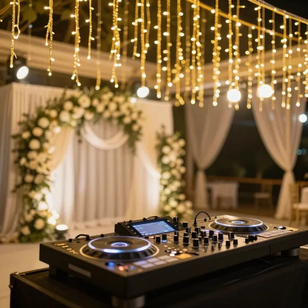 A DJ controller and mixer set up in a wedding venue with floral decorations and hanging string lights.