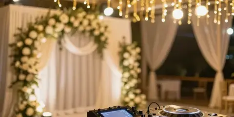 A DJ controller and mixer set up in a wedding venue with floral decorations and hanging string lights.