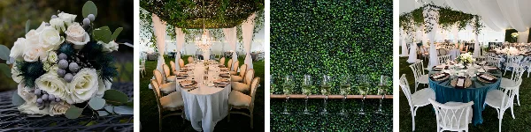 A collage showing a white rose bouquet, a greenery wall with wine glasses, and a decorated event table with white chairs.